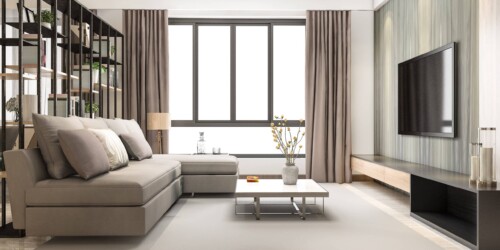 3d rendering loft luxury living room with bookshelf