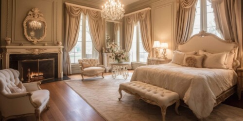 Bedroom decor, home interior design . Traditional Classic style with Fireplace decorated with Marble and Wood material . Generative AI AIG26.