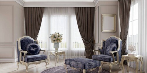 Brocco upholstered armchairs with golden edging and side tables carved with a soft side table in a classic interior. 3D rendering.