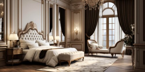 Interior of the luxury and extravagant hotel suite with large bed